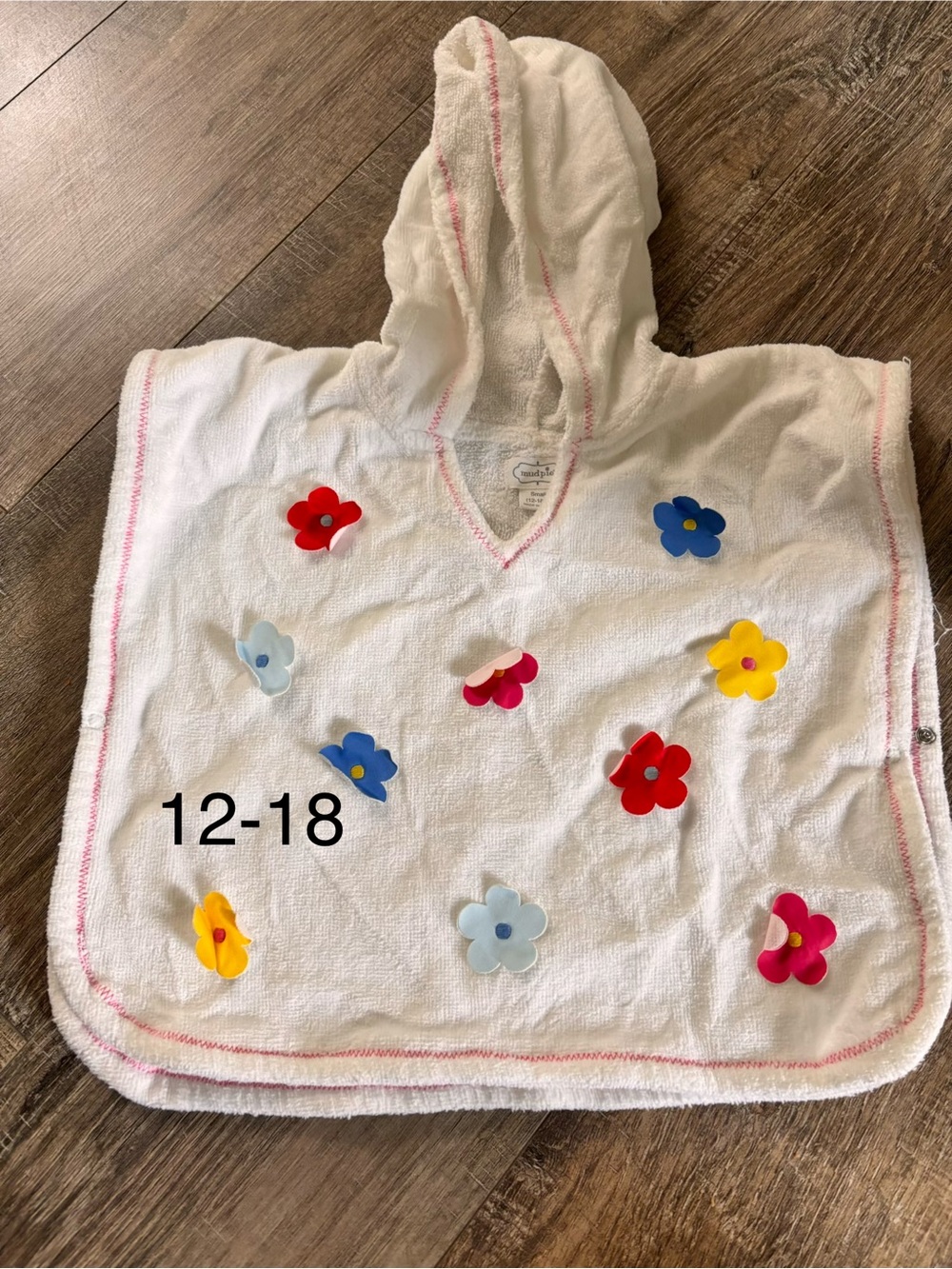 Mud Pie White Hooded Kids Poncho with Multicolor Flower Appliques